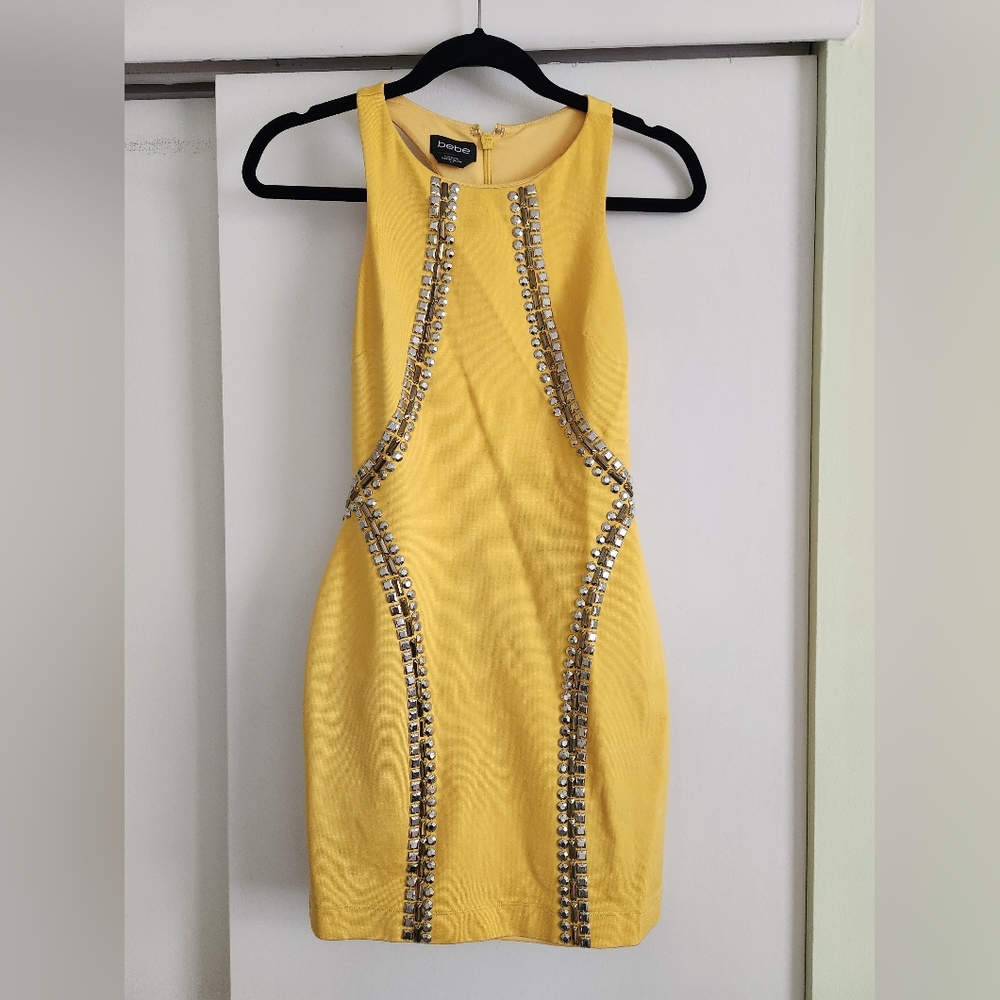 Bebe Embellished/Studded Yellow Bodycon Racerback Dress - Small